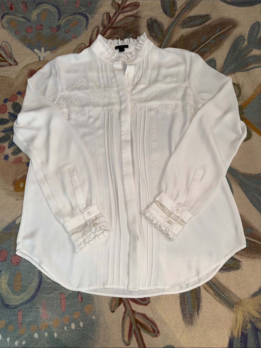 Ann Taylor White Lace Pintuck Button-Down Blouse